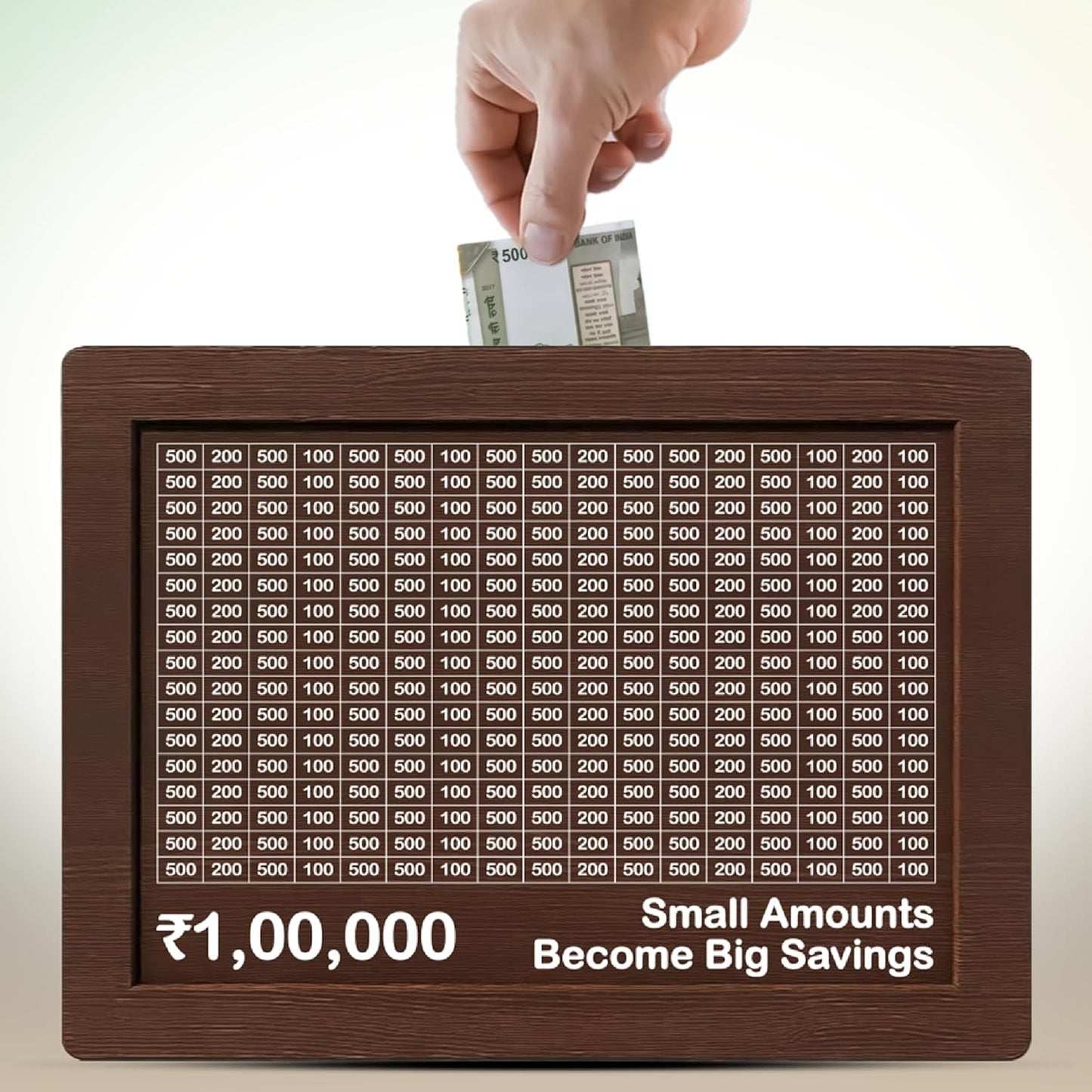 Hand placing money into a wooden piggy bank with savings tracker