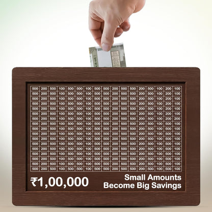 Hand placing money into a wooden piggy bank with savings tracker