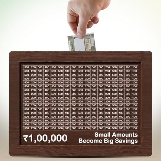 Hand placing money into a wooden piggy bank with savings tracker